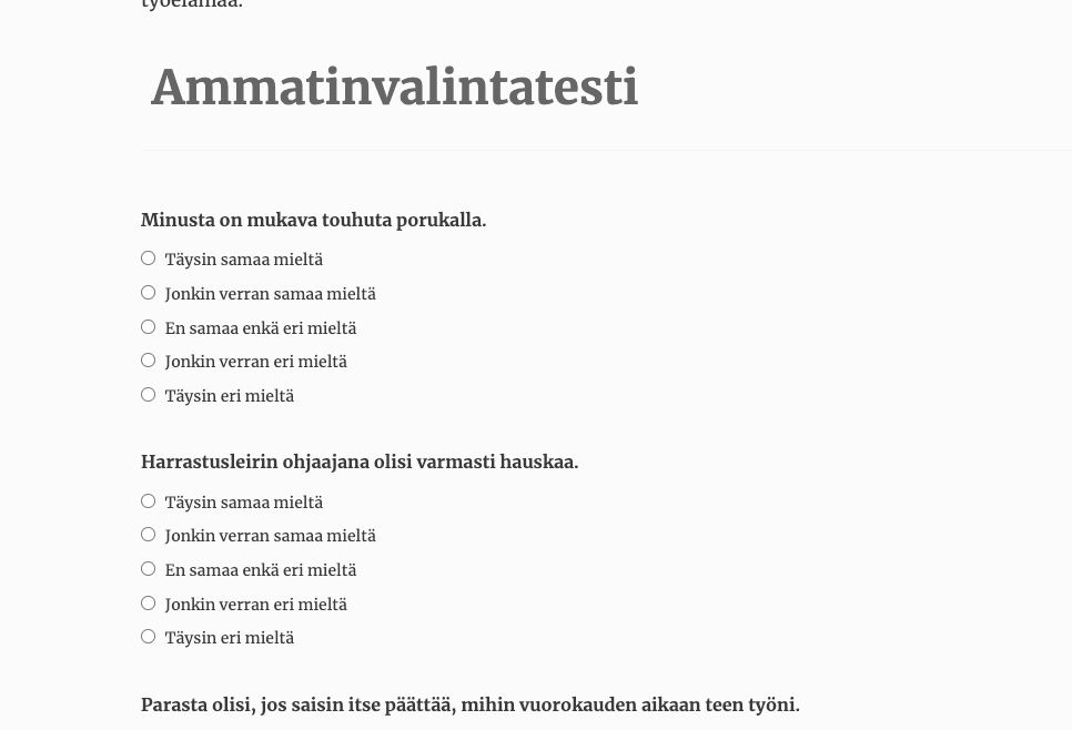 Näyttökuva Evermind.fi ammatinvalintatestistä